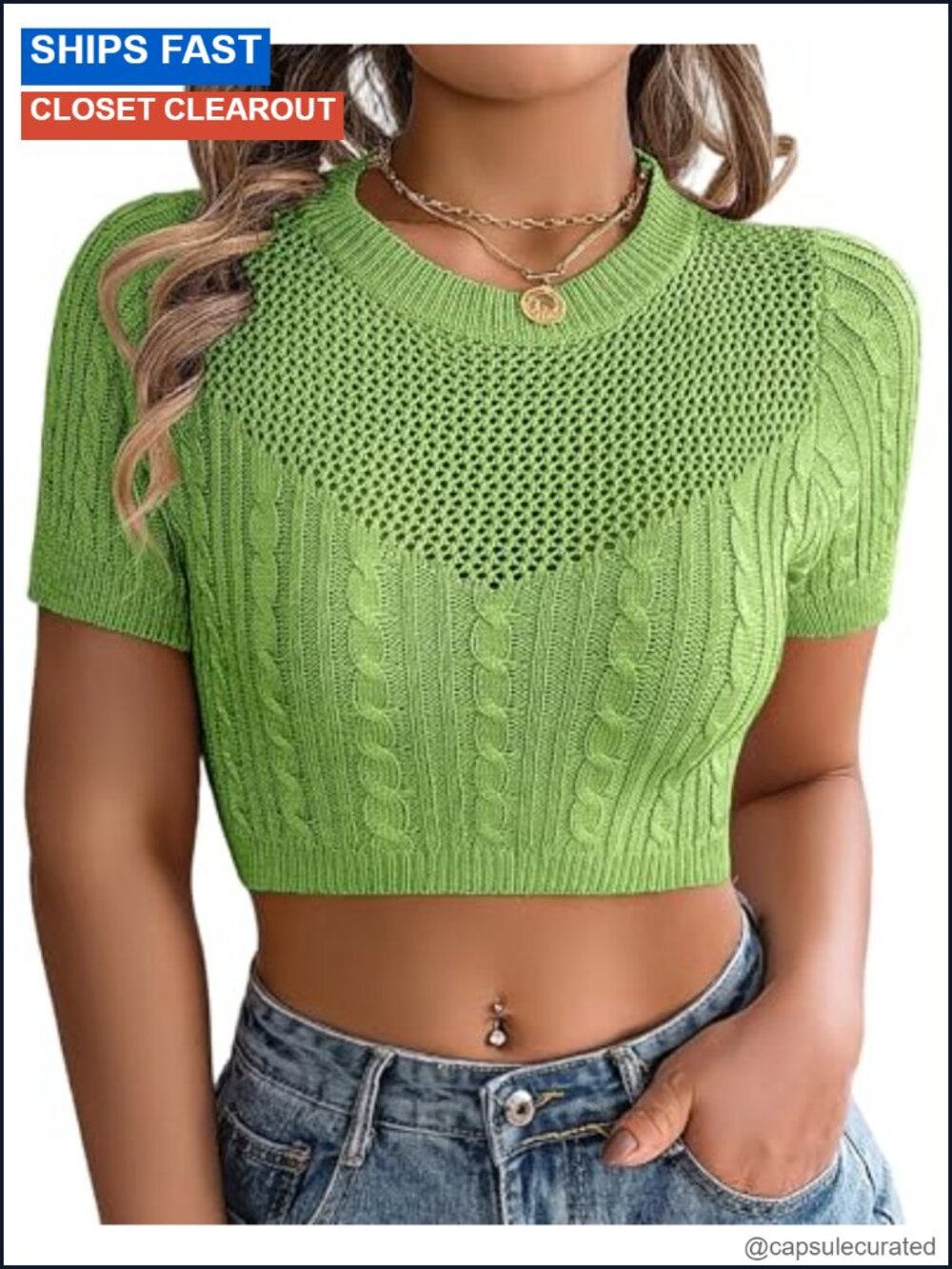 Women's Crop Top Short Sleeve Cable Knit Crewneck Sweater Mesh Panel